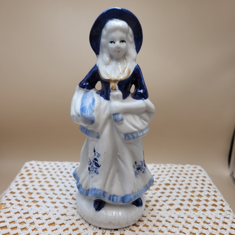 Vintage Blue and White Ceramic Colonial Lady Figurine Gold Trim 6 Inch Tall lamb